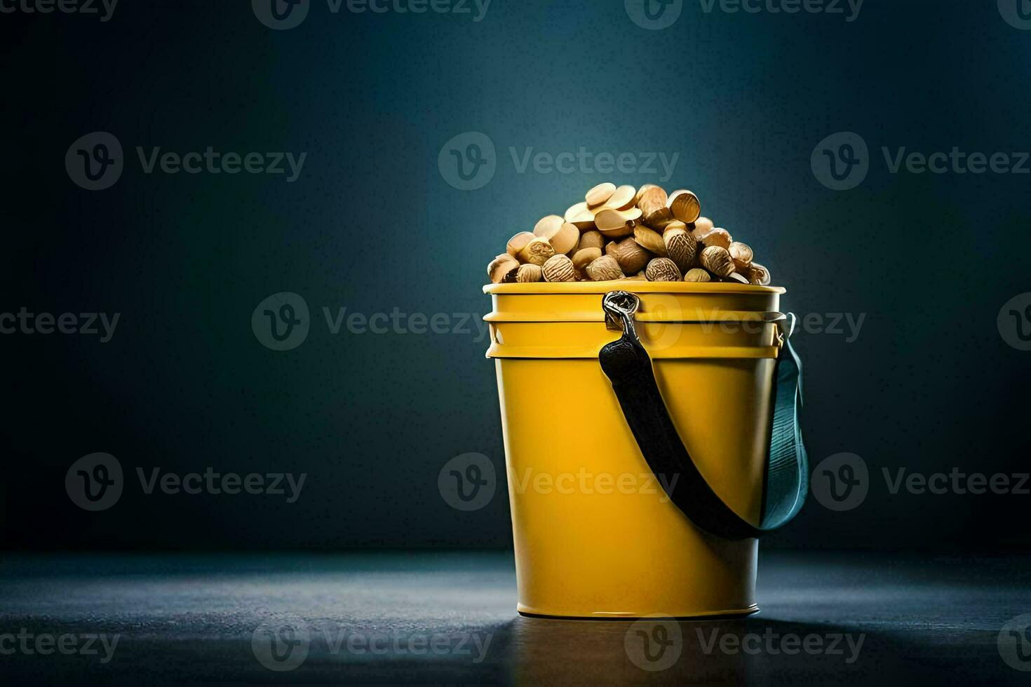 a bucket filled with nuts on a dark background. AI-Generated photo