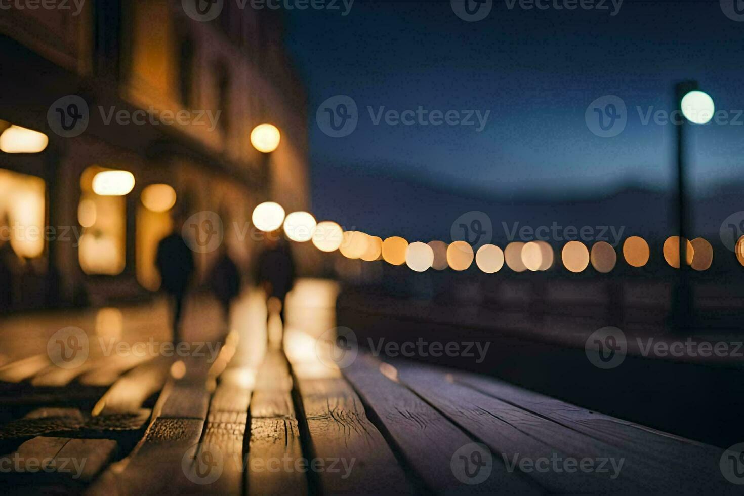 people walking on a wooden walkway at night. AI-Generated photo