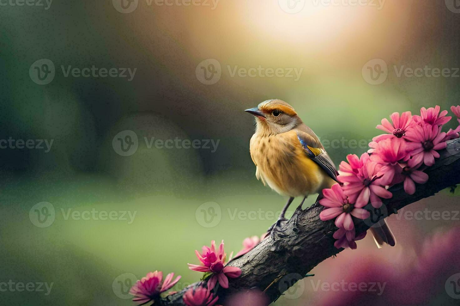 a bird sits on a branch with pink flowers. AI-Generated photo