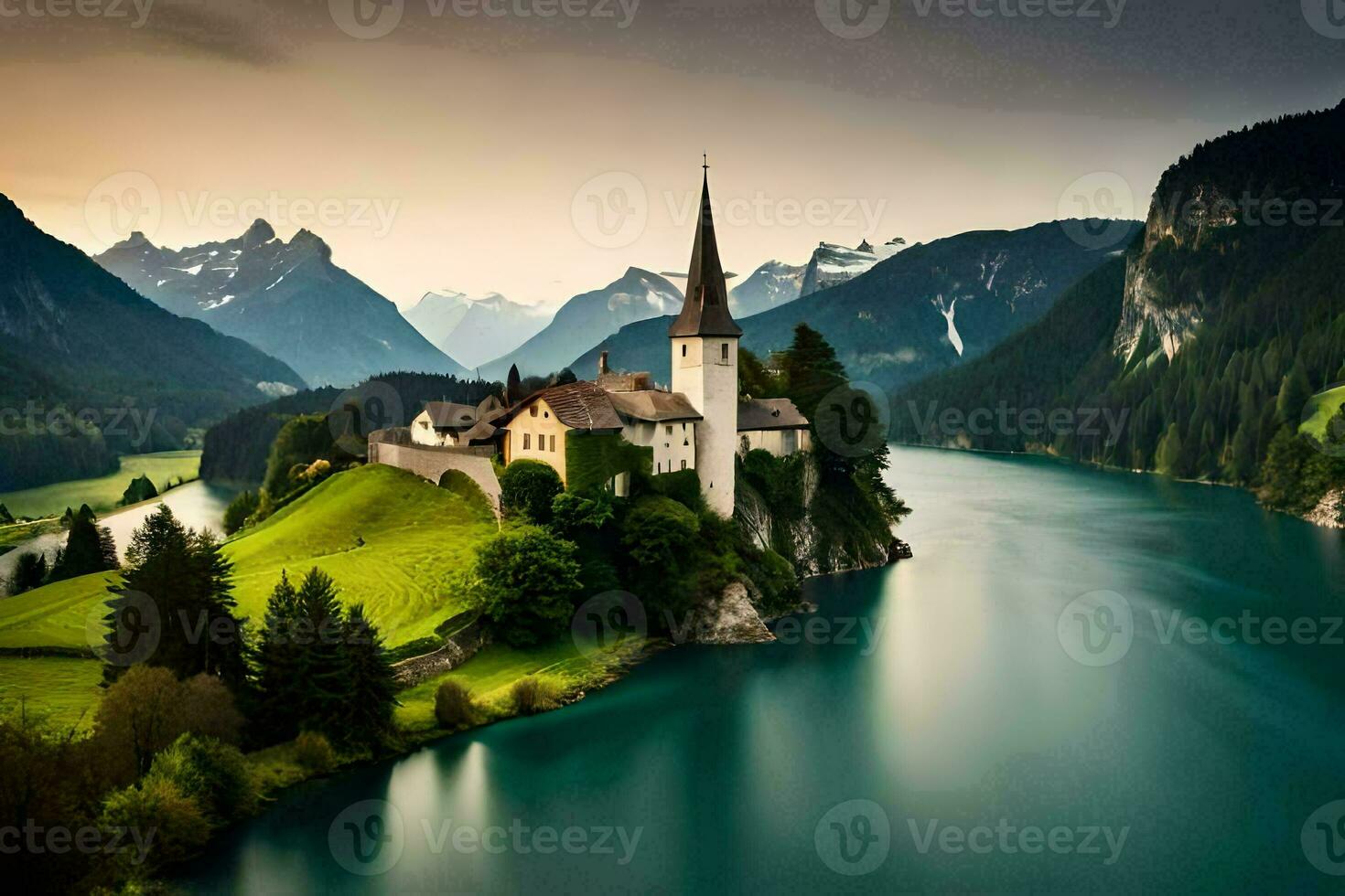 the church of the swiss lake. AI-Generated photo