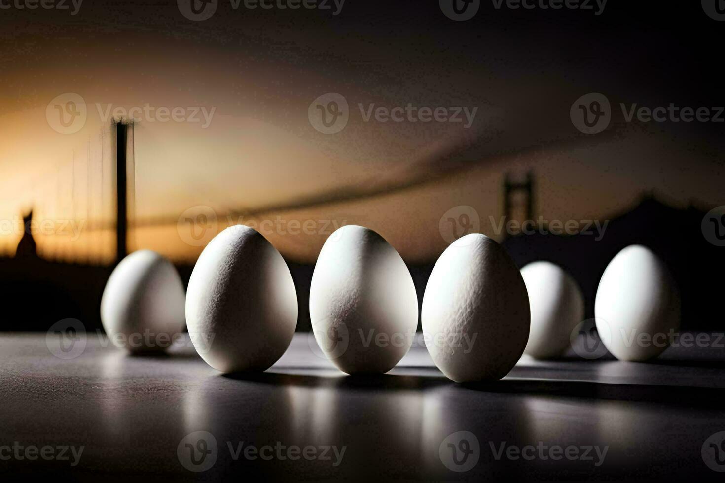 eggs in a row with a bridge in the background. AI-Generated photo