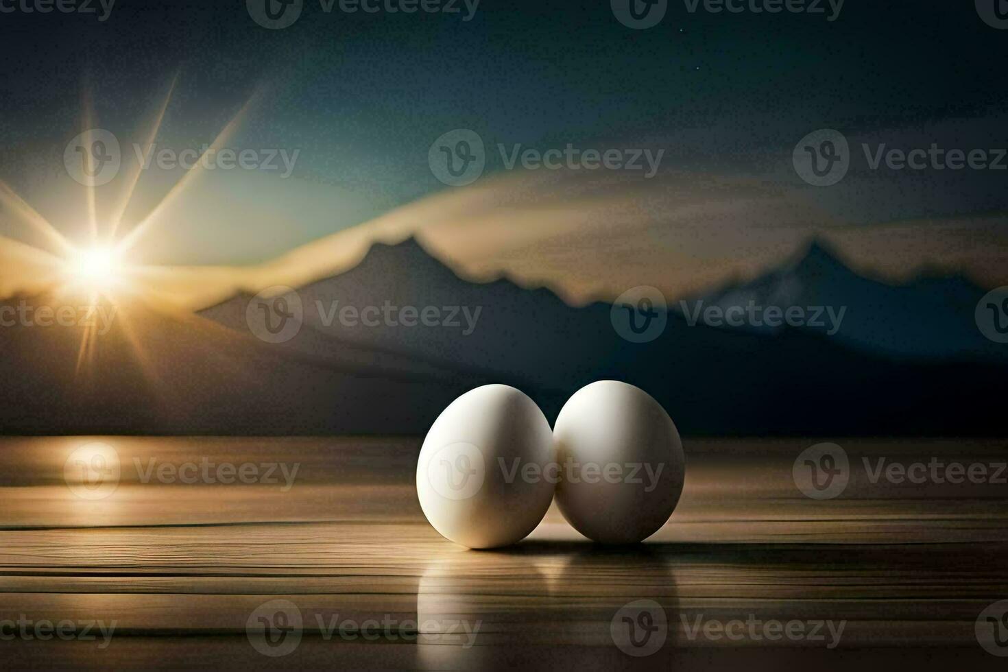 two eggs on a table with mountains in the background. AI-Generated photo