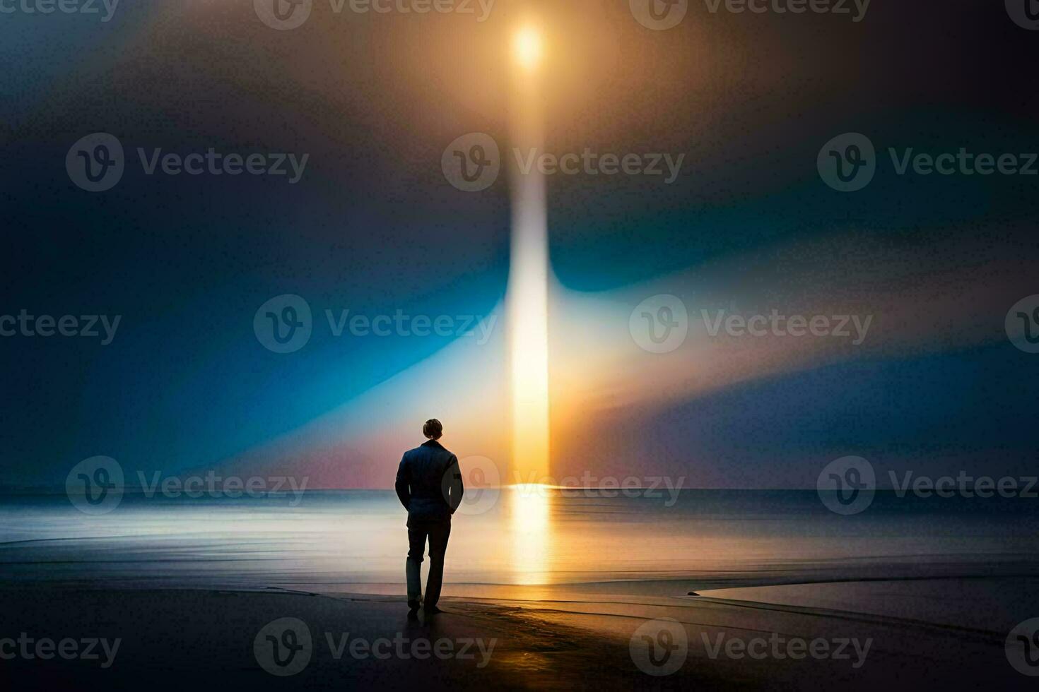 un hombre en pie en el playa mirando a un ligero viniendo desde el cielo. generado por ai foto