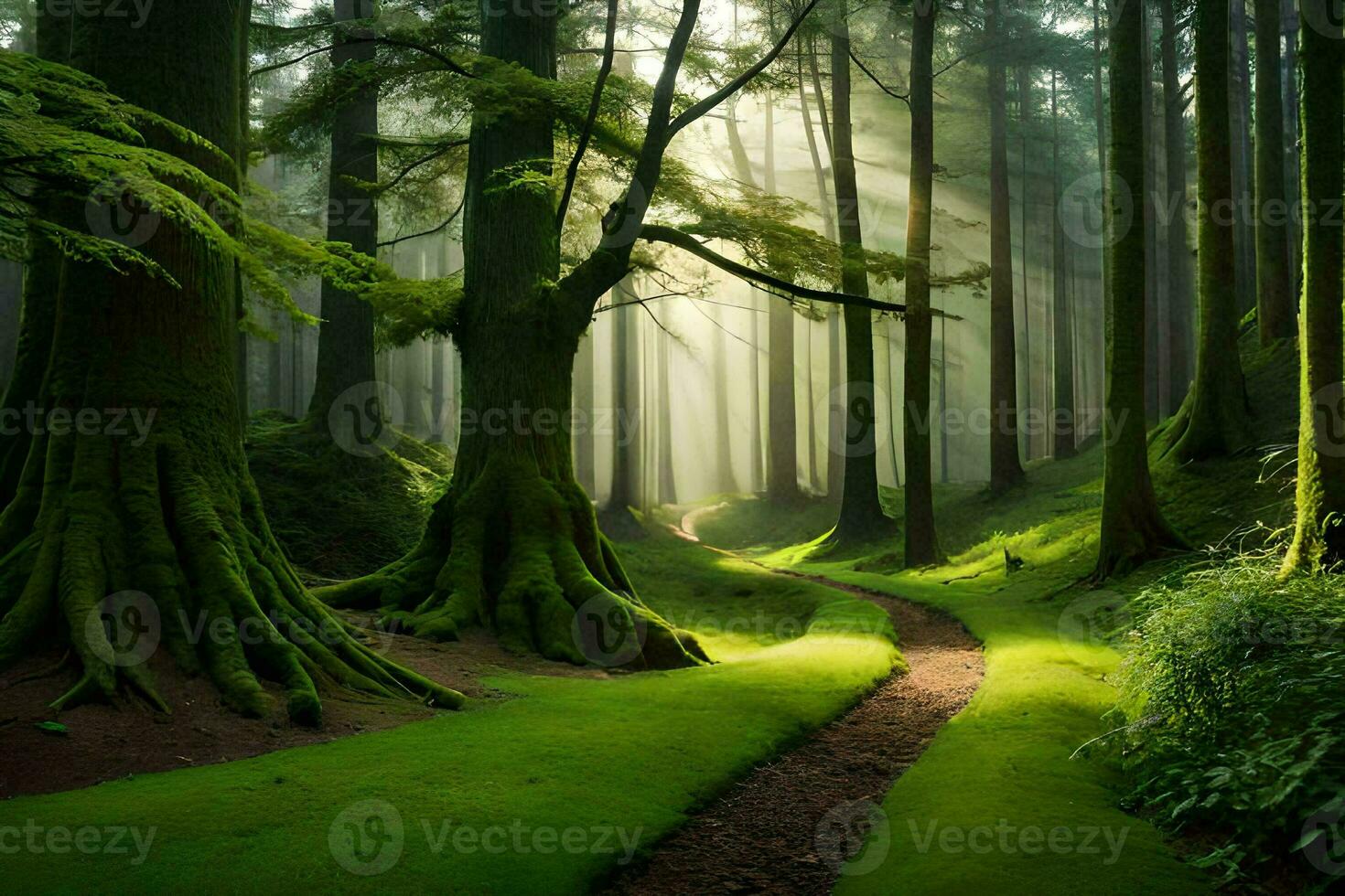 a path through a forest with trees and grass. AI-Generated photo