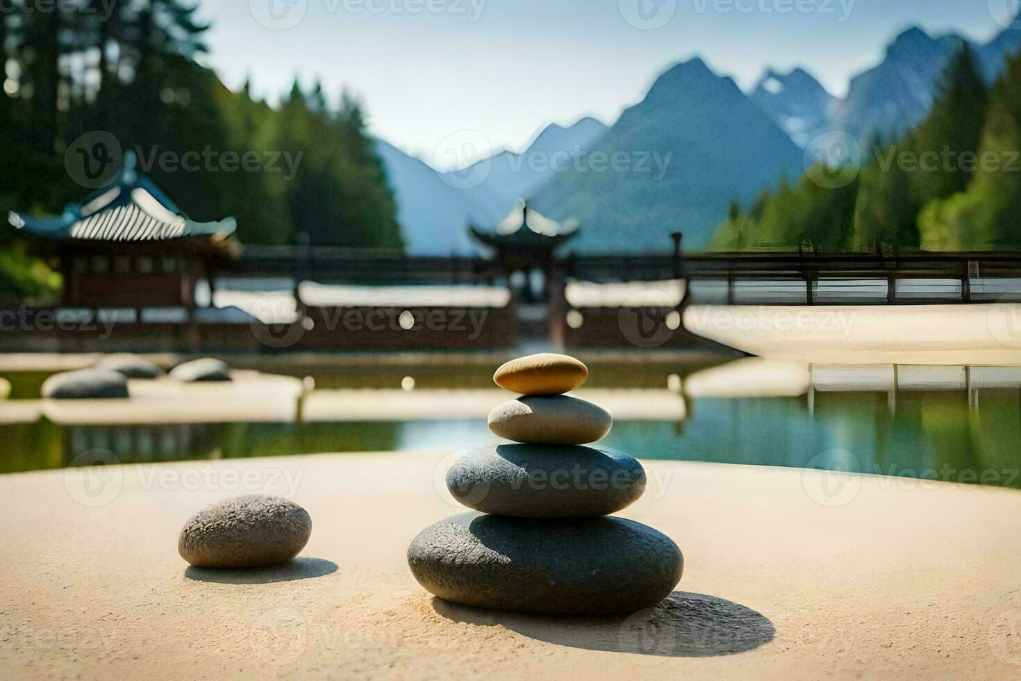 stacked stones in the sand near a lake. AI-Generated photo