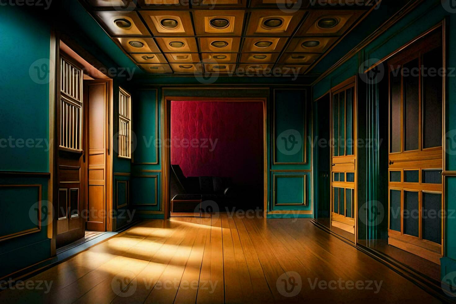 a hallway with wood floors and blue walls. AI-Generated photo