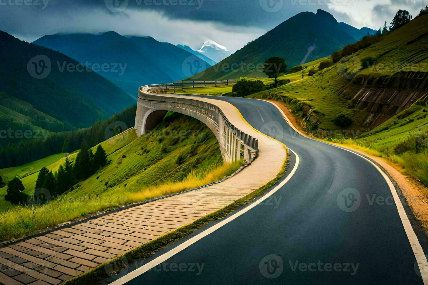 a winding road in the mountains with a bridge. AI-Generated photo