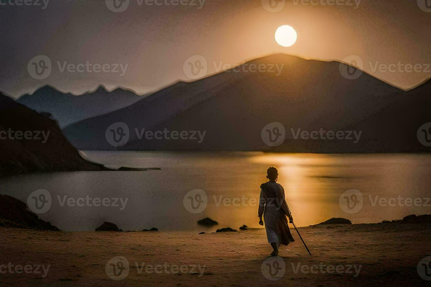 un hombre caminando a lo largo el playa a puesta de sol. generado por ai foto