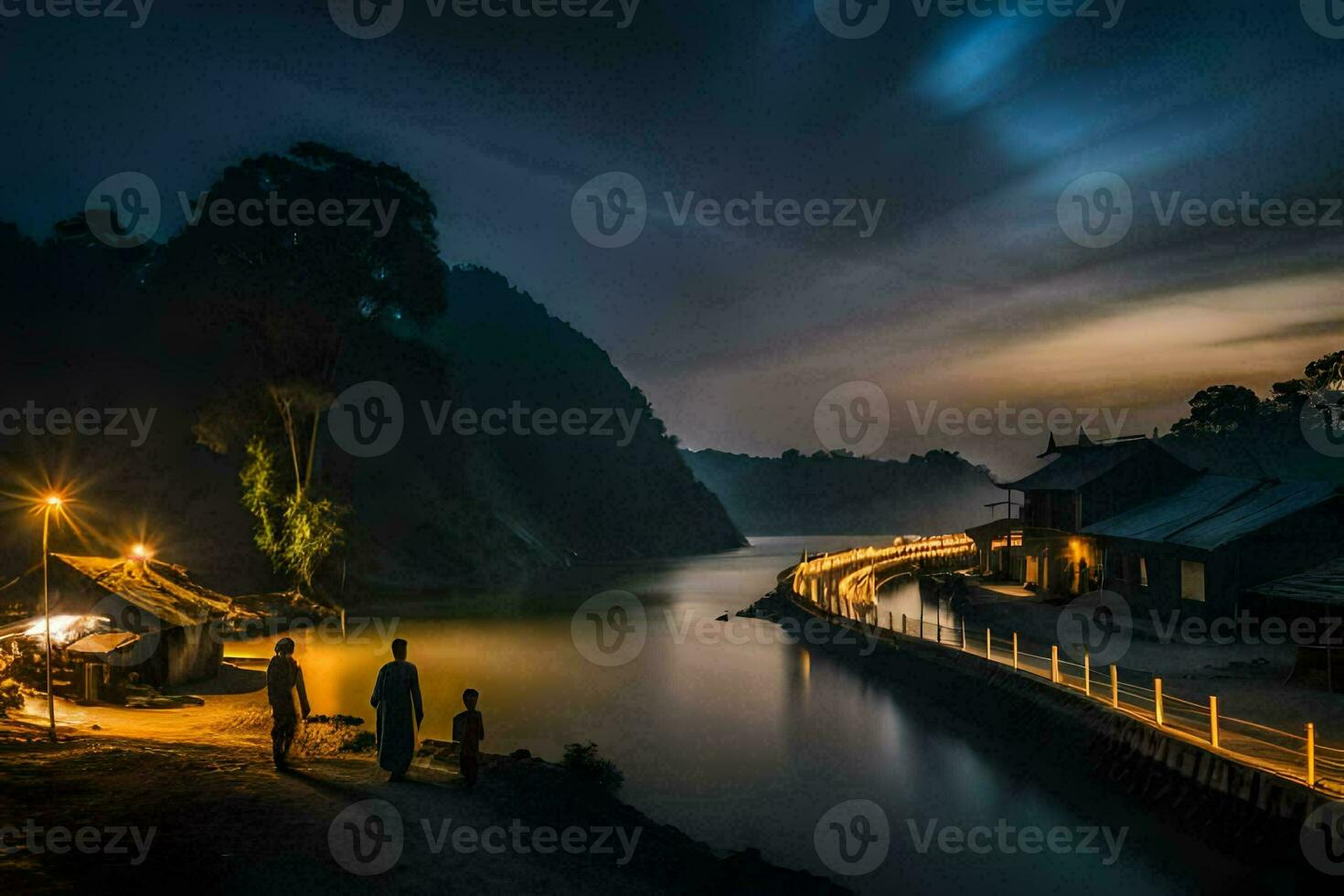 people walk along the river at night. AI-Generated photo