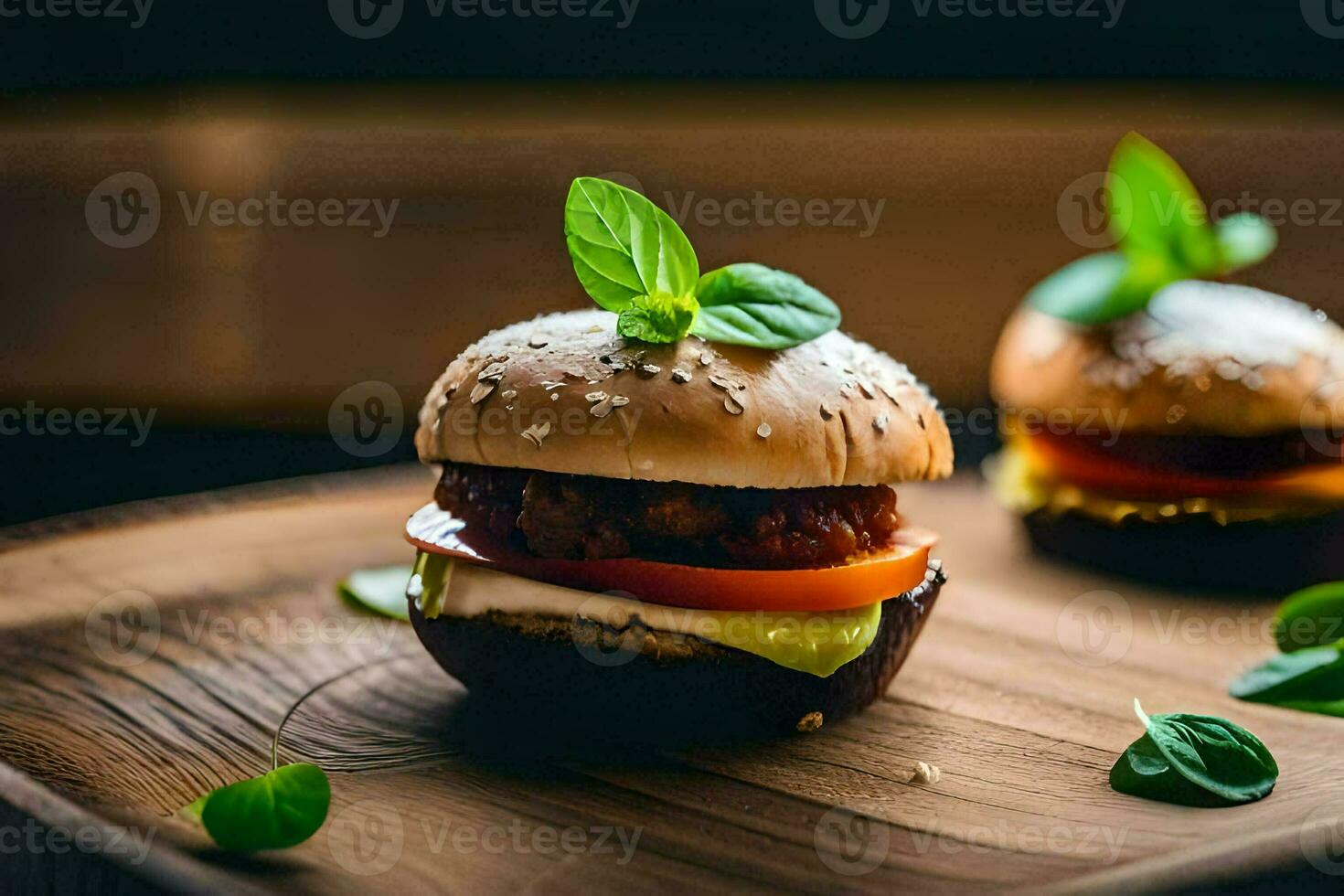 dos pequeño hamburguesas con Tomates y queso en un de madera tablero. generado por ai foto