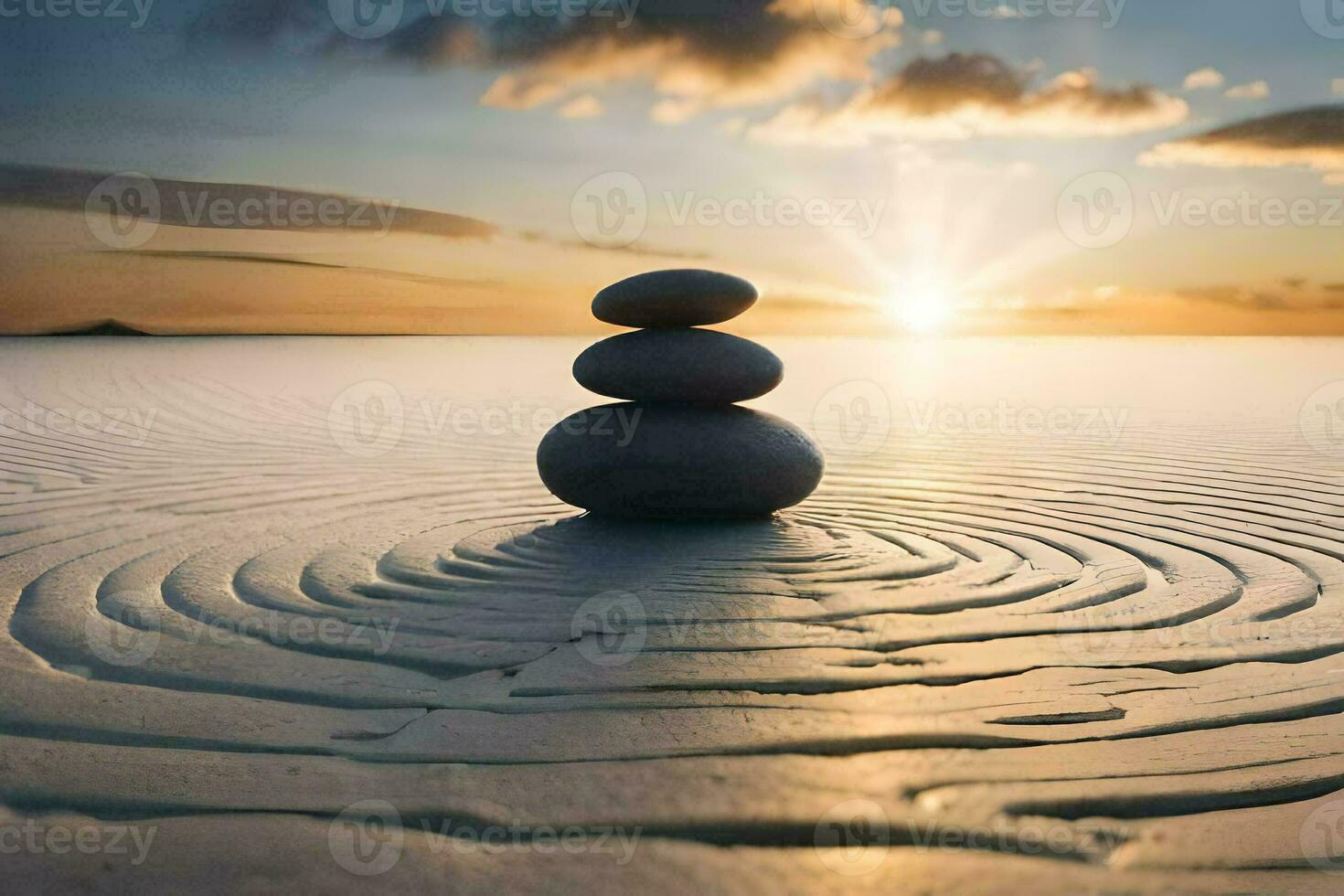 a stack of stones in the sand at sunset. AI-Generated photo