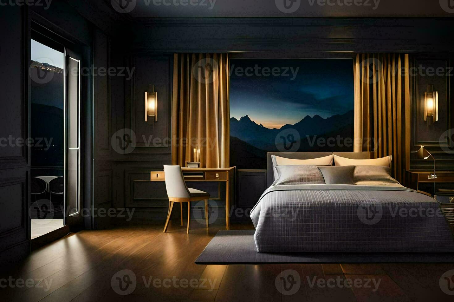 a bedroom with a large bed and a mountain view. AI-Generated photo