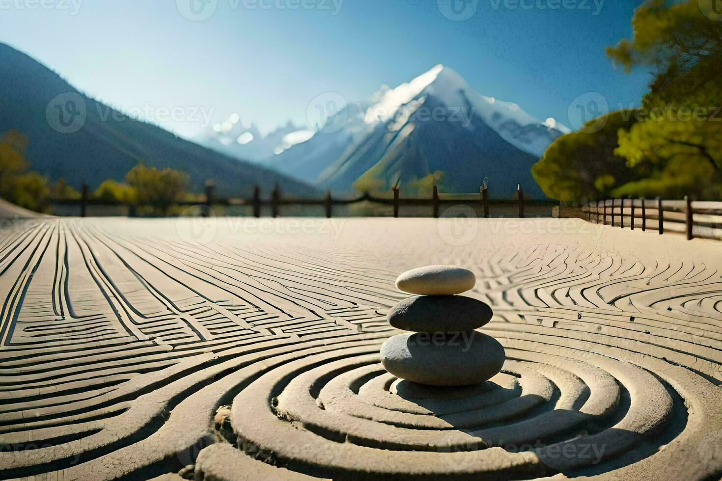 a zen garden with stones and a mountain in the background. AI-Generated photo