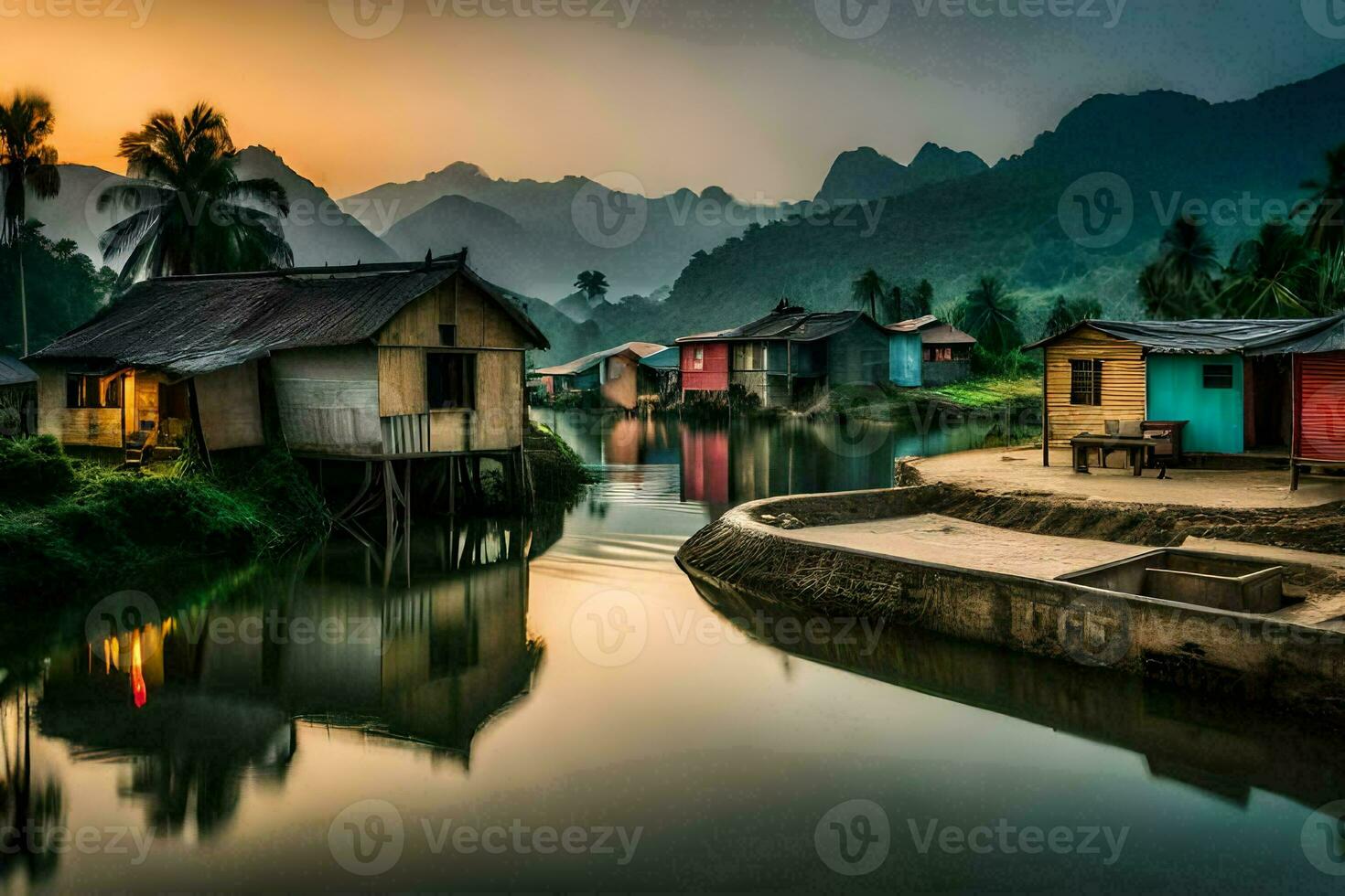 a river in the mountains with houses and trees. AI-Generated photo