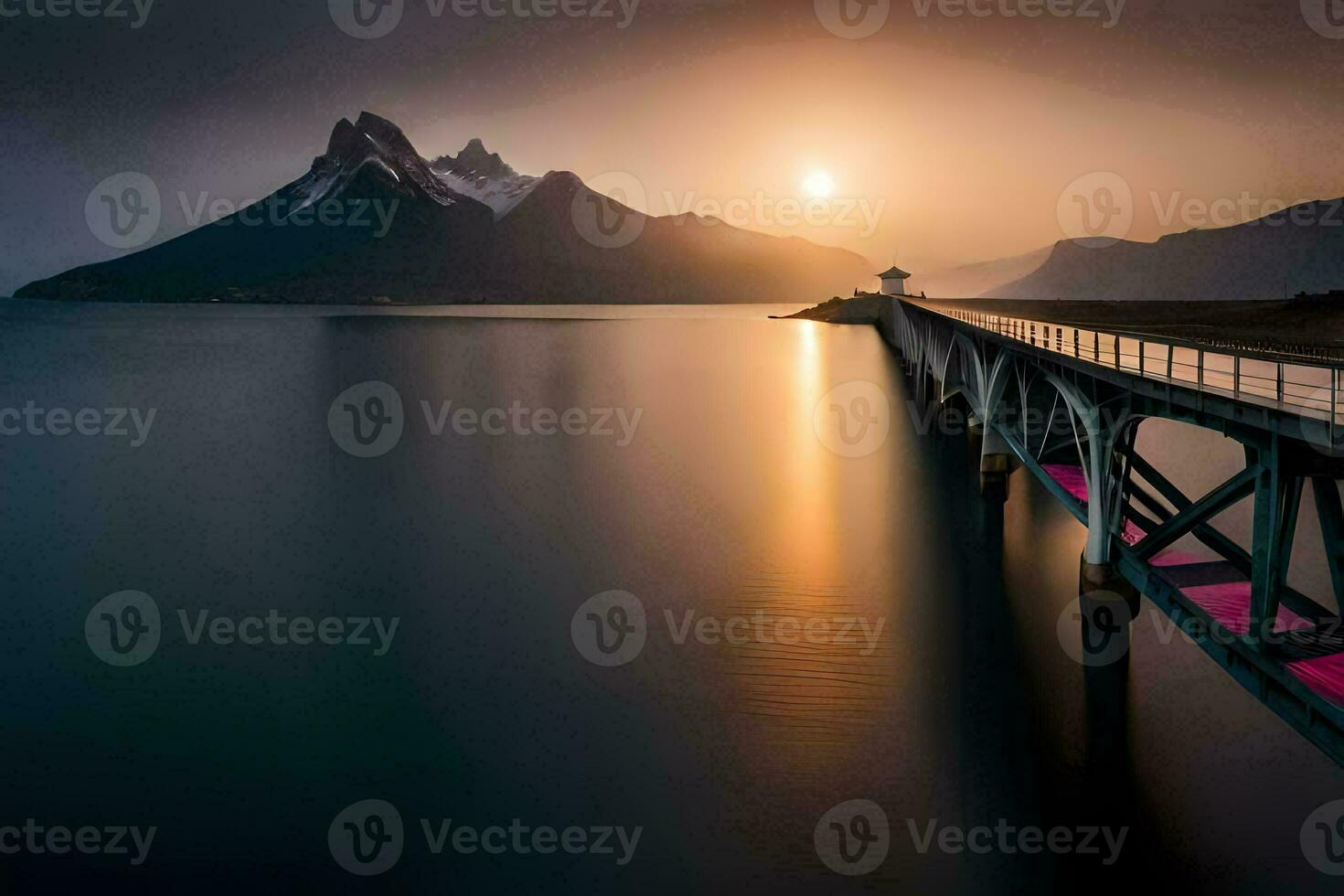 the sun rises over a bridge in the middle of a lake. AI-Generated photo