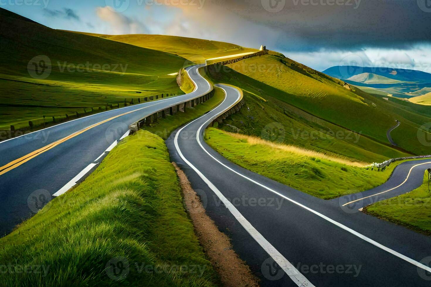 a winding road in the mountains with grass and hills. AI-Generated photo