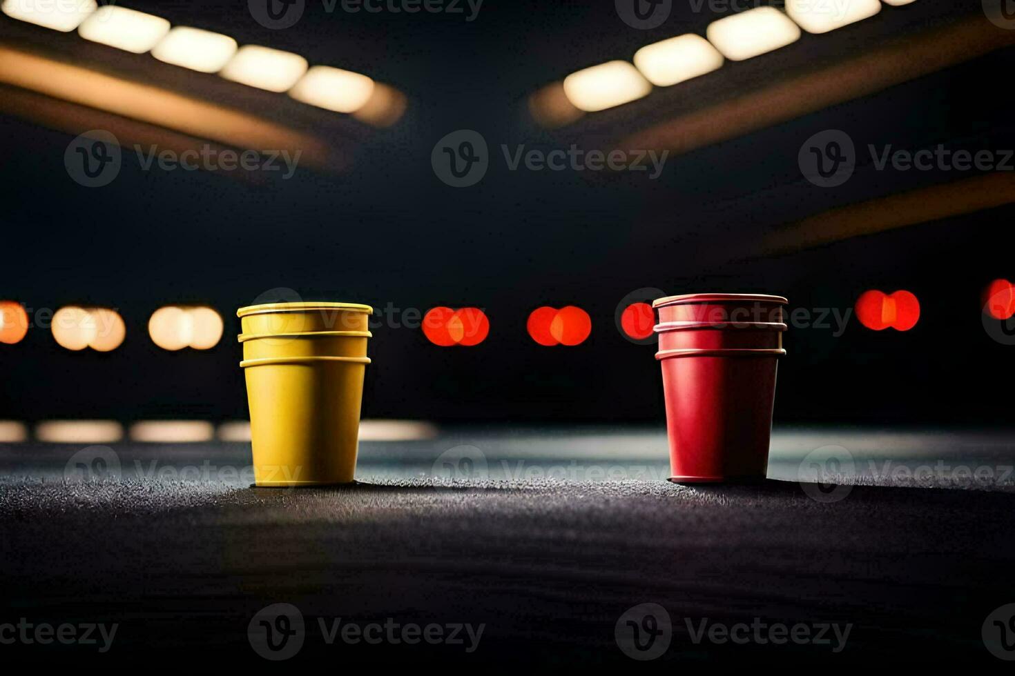 two red and yellow cups on a dark floor. AI-Generated photo