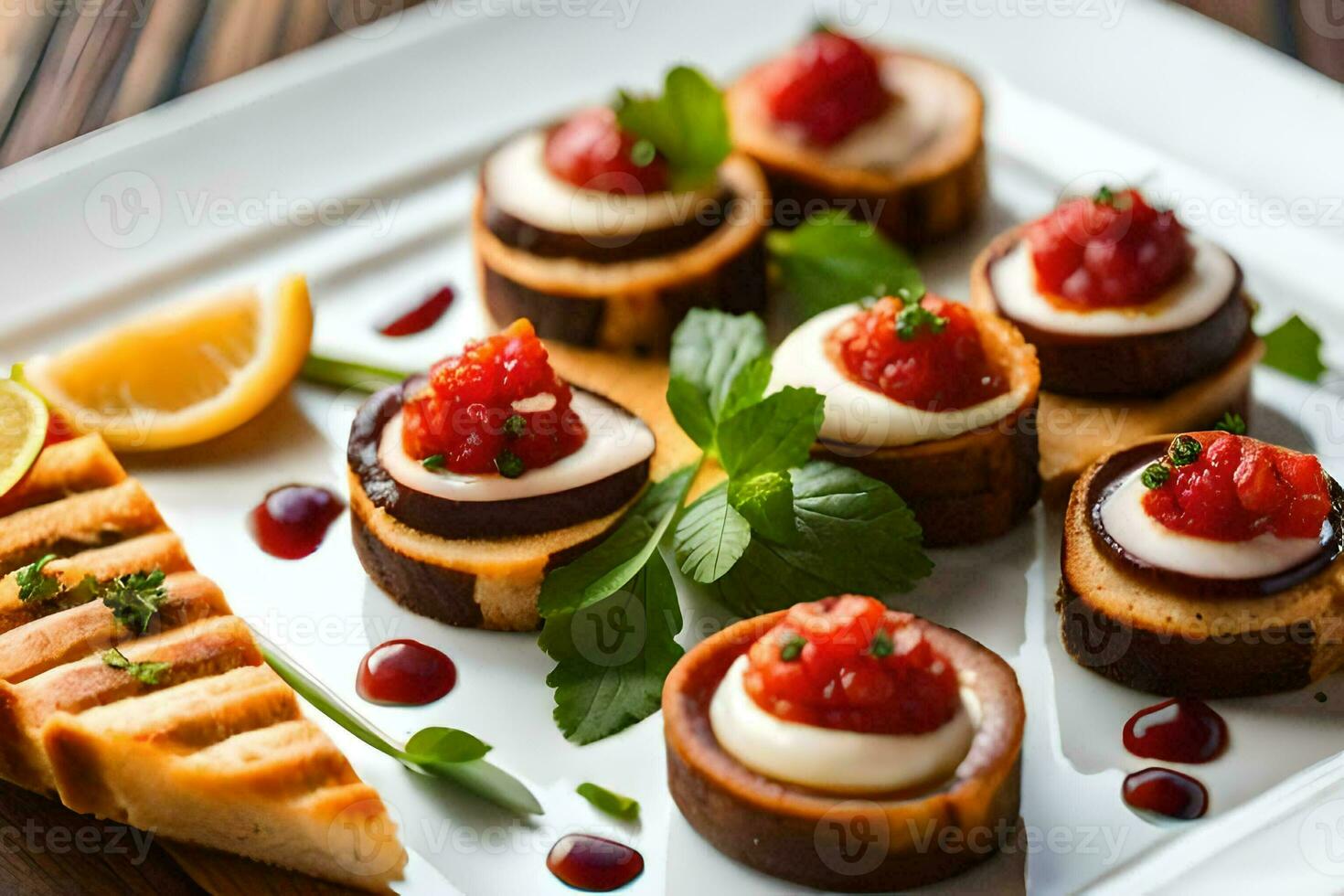 a plate with appetizers and bread. AI-Generated photo