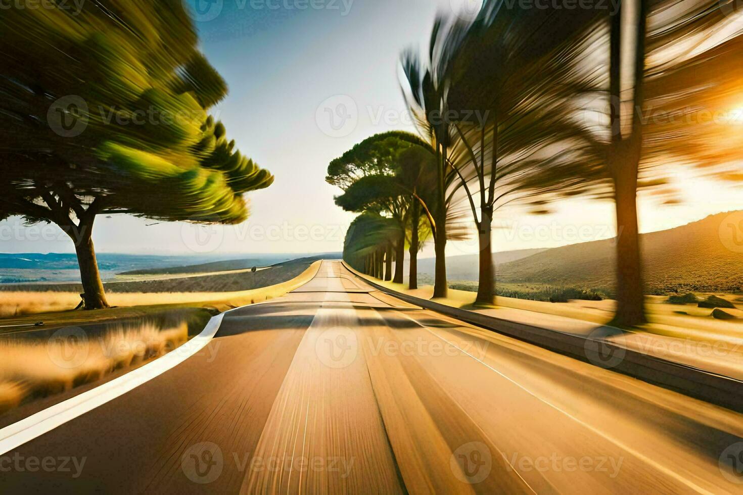 un borroso imagen de un la carretera con arboles generado por ai foto