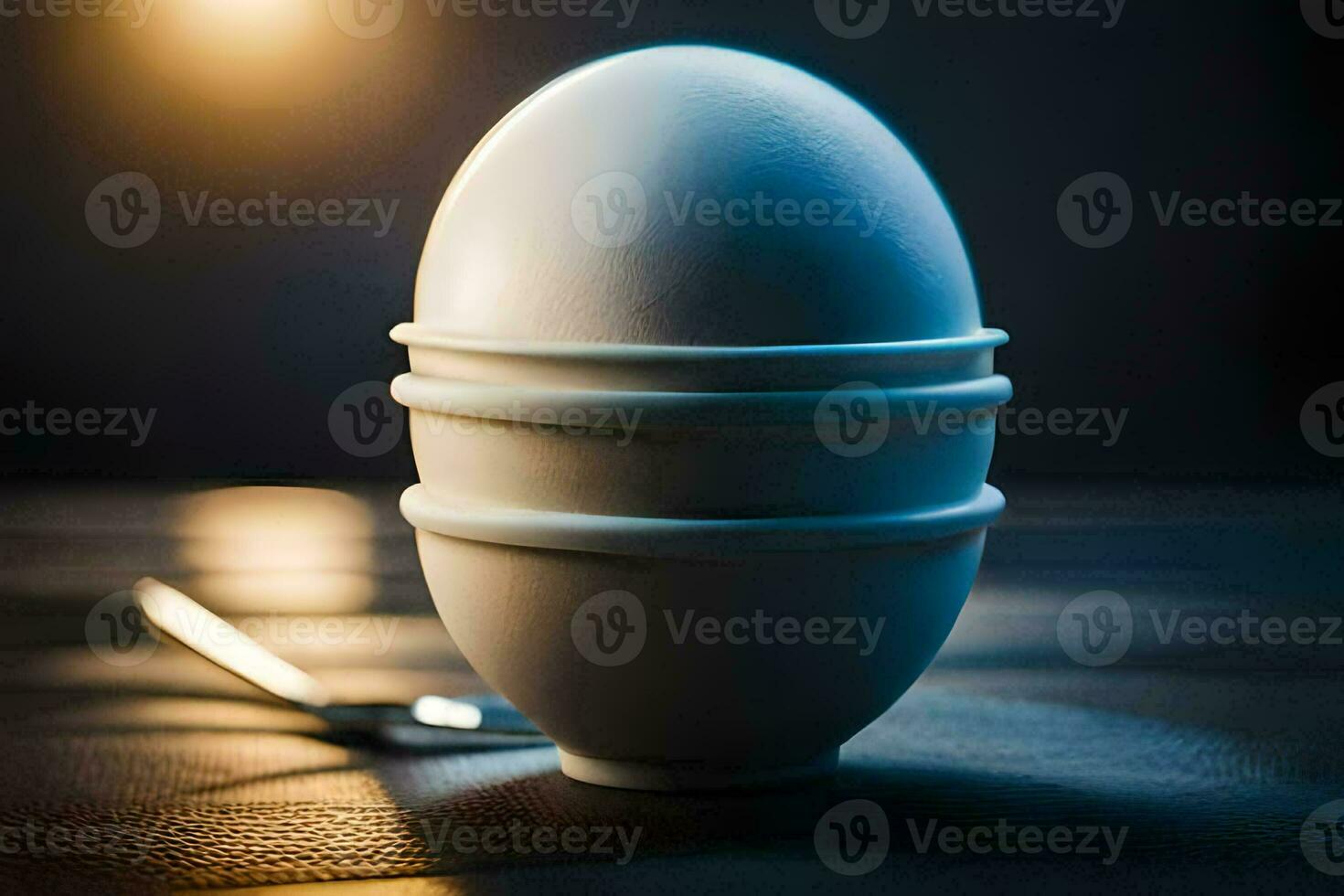 an egg sitting on a table with a fork. AI-Generated photo