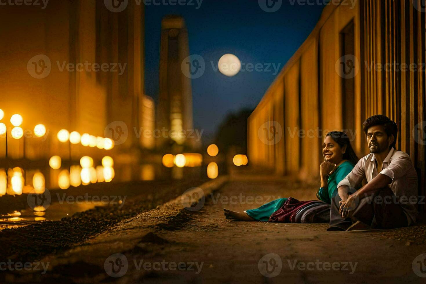 a couple sitting on the ground in front of a building at night. AI-Generated photo