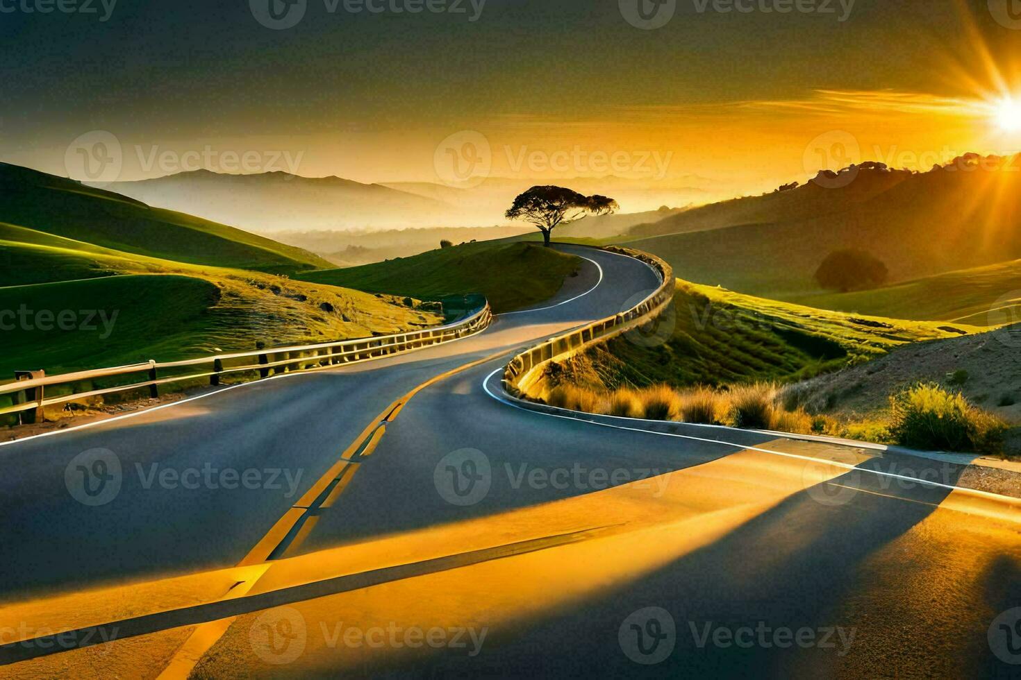 the sun is setting over a winding road. AI-Generated photo