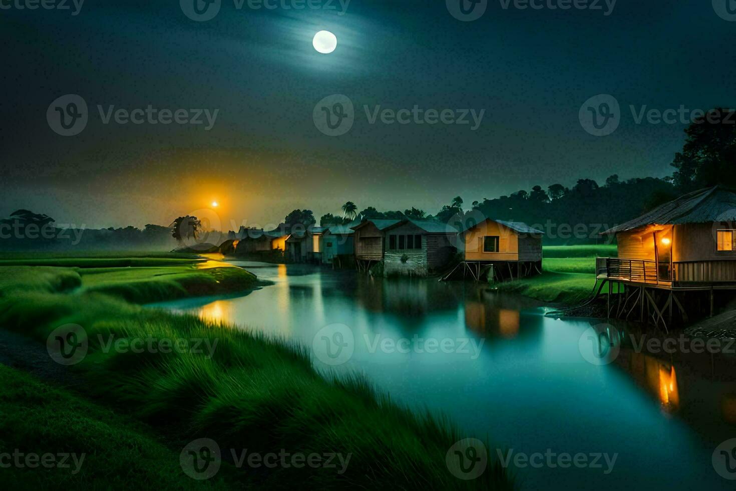 un río a noche con casas y un lleno Luna. generado por ai foto