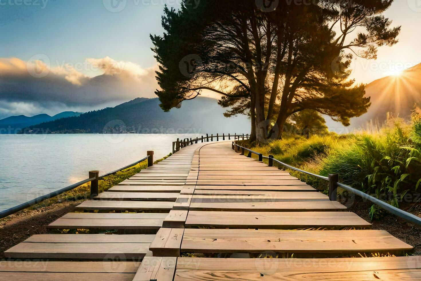 a wooden walkway leads to the water and mountains. AI-Generated photo