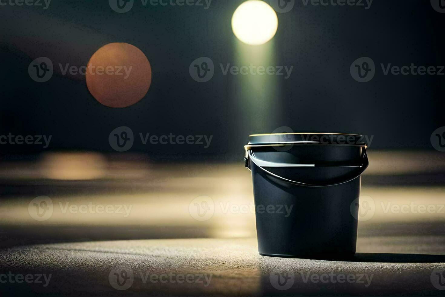 a black bucket sitting on the floor in front of a spotlight. AI-Generated photo