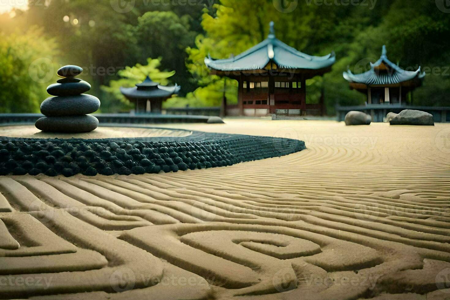 a zen garden with stones and a pagoda. AI-Generated photo