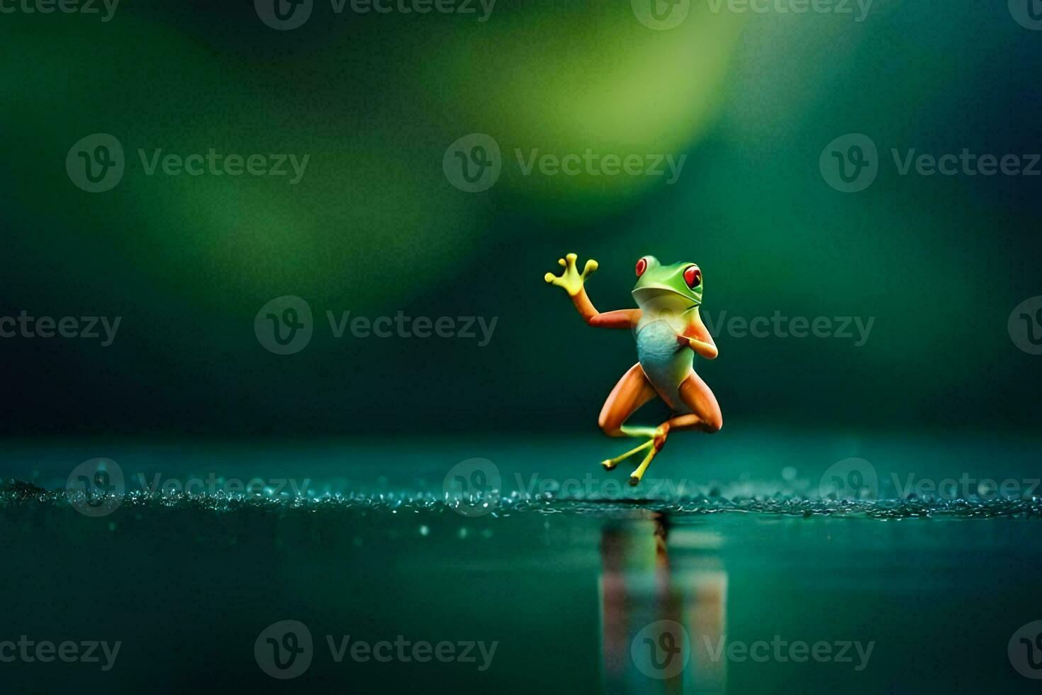 a small frog is standing on a wet surface. AI-Generated photo