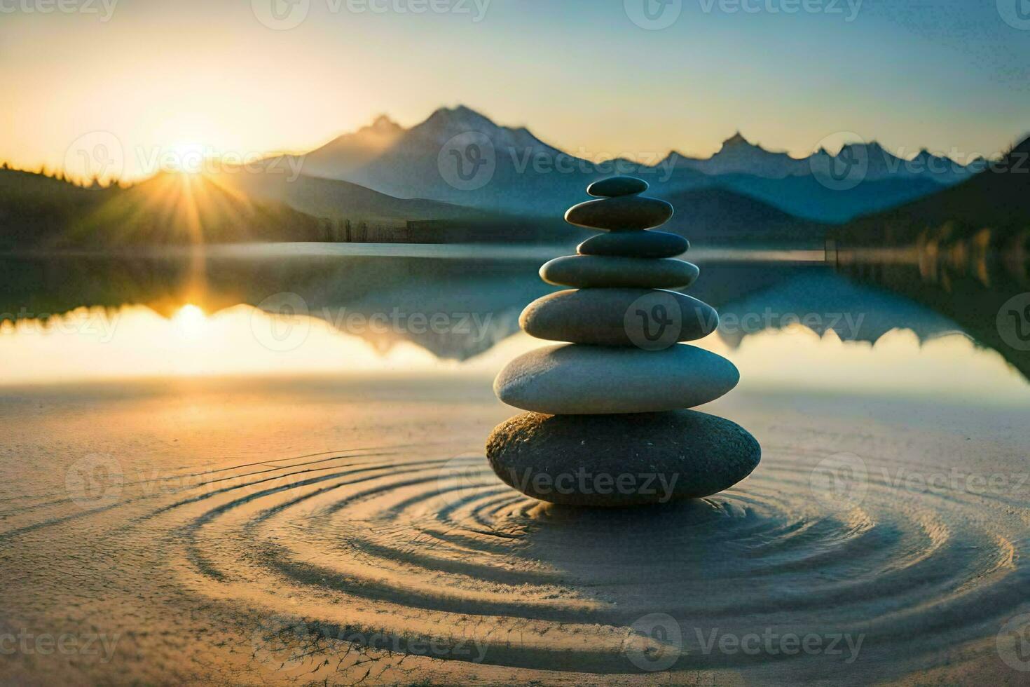 a stack of stones is sitting on the sand at sunset. AI-Generated photo