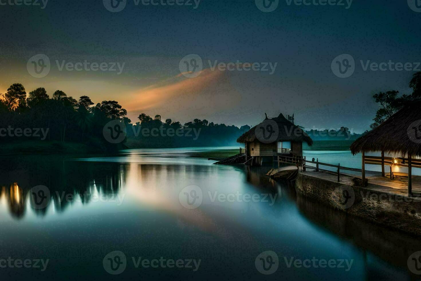 a small hut sits on the shore of a lake at sunset. AI-Generated photo