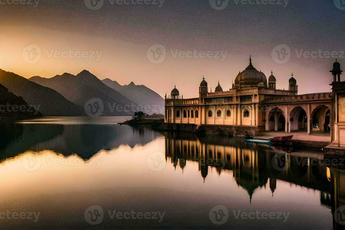 the sun sets over a mosque in india. AI-Generated photo