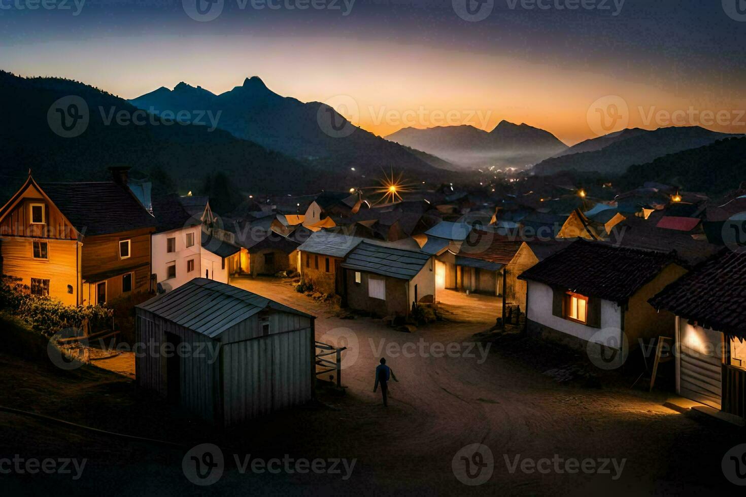 a village at dusk with houses and mountains in the background. AI-Generated photo