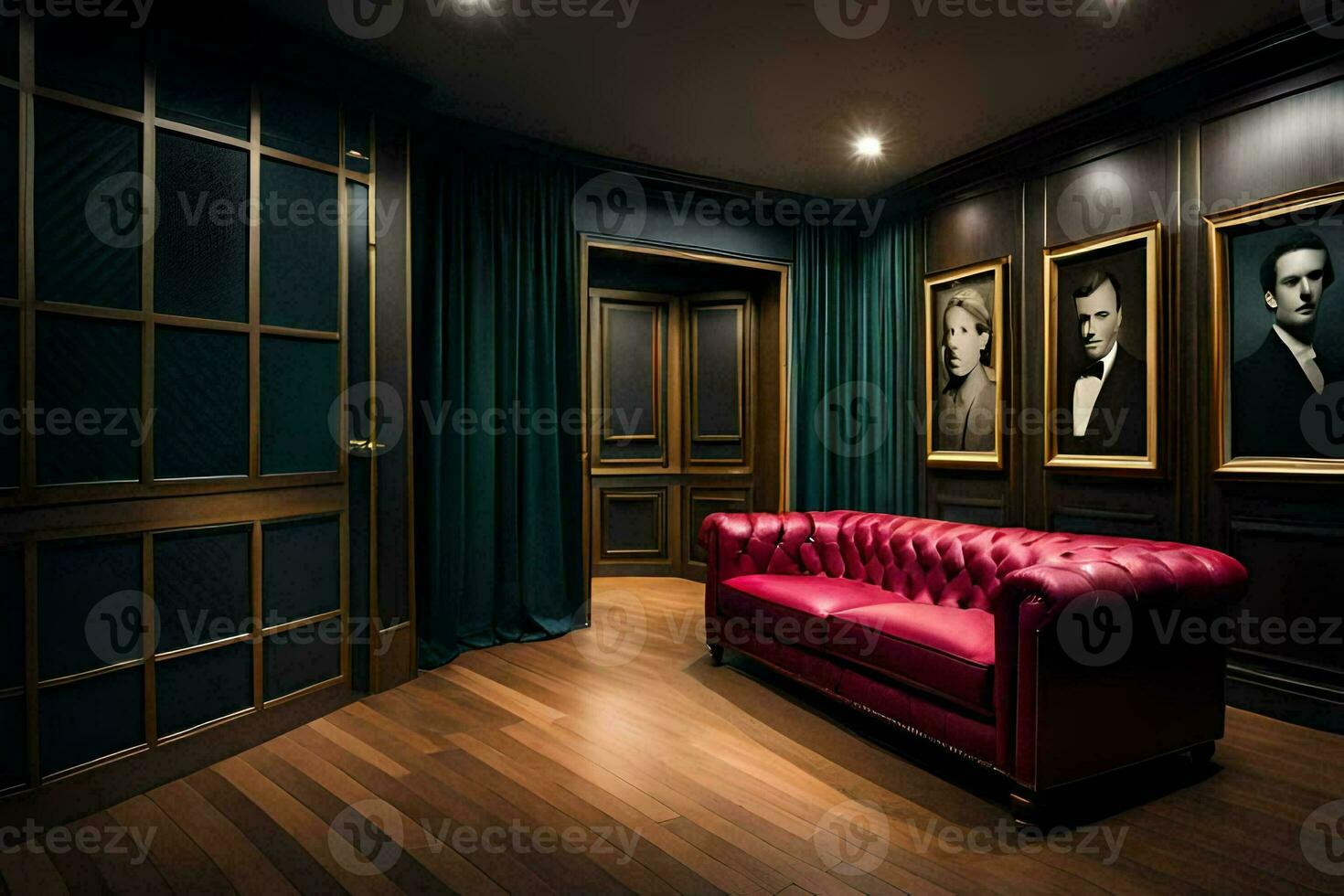 a room with a red leather couch and pictures on the wall. AI-Generated photo