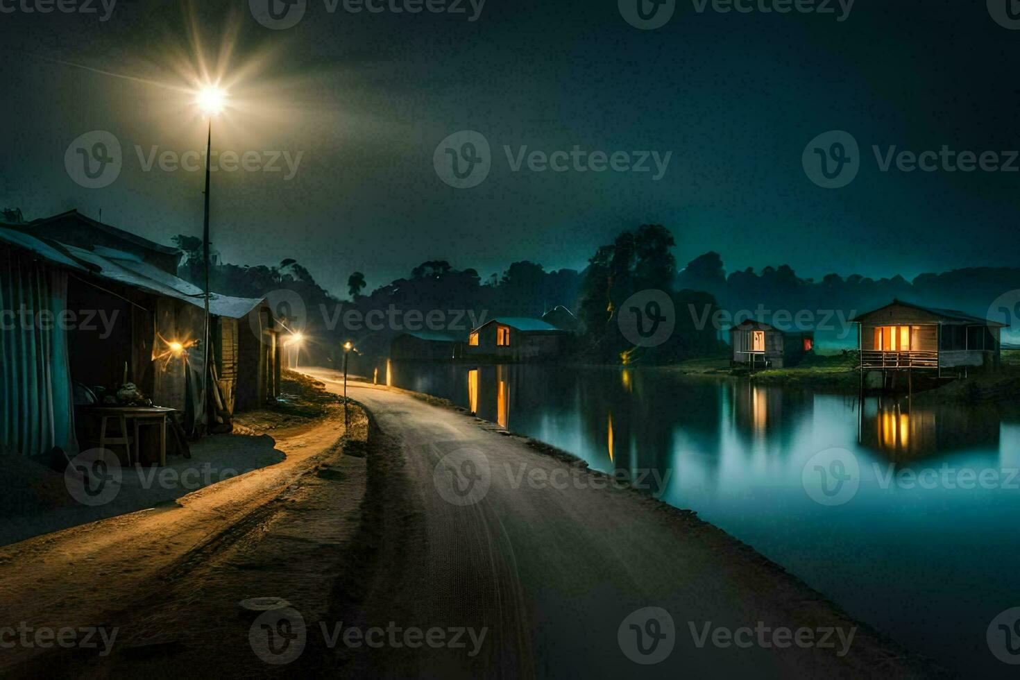 a road at night with houses and a light shining on them. AI-Generated photo