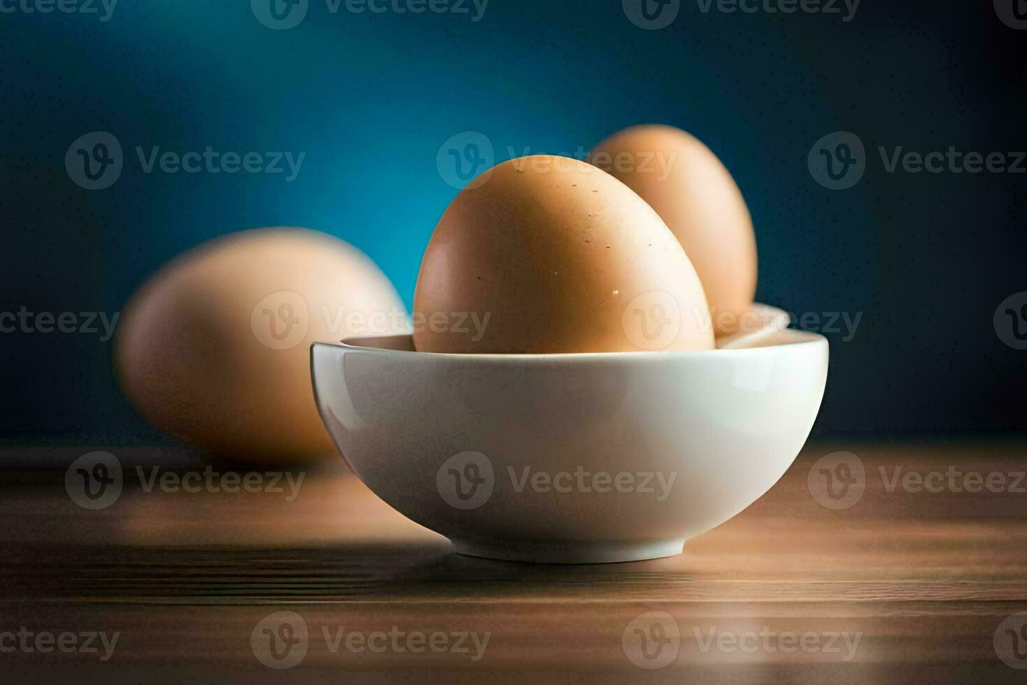 Tres huevos en un cuenco en un mesa. generado por ai foto
