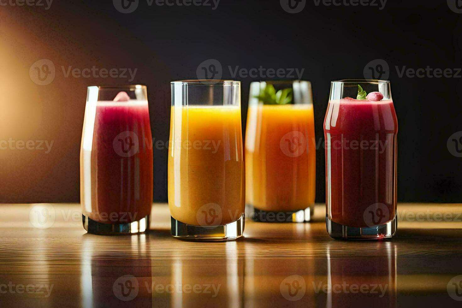 four glasses of juice on a table. AI-Generated photo