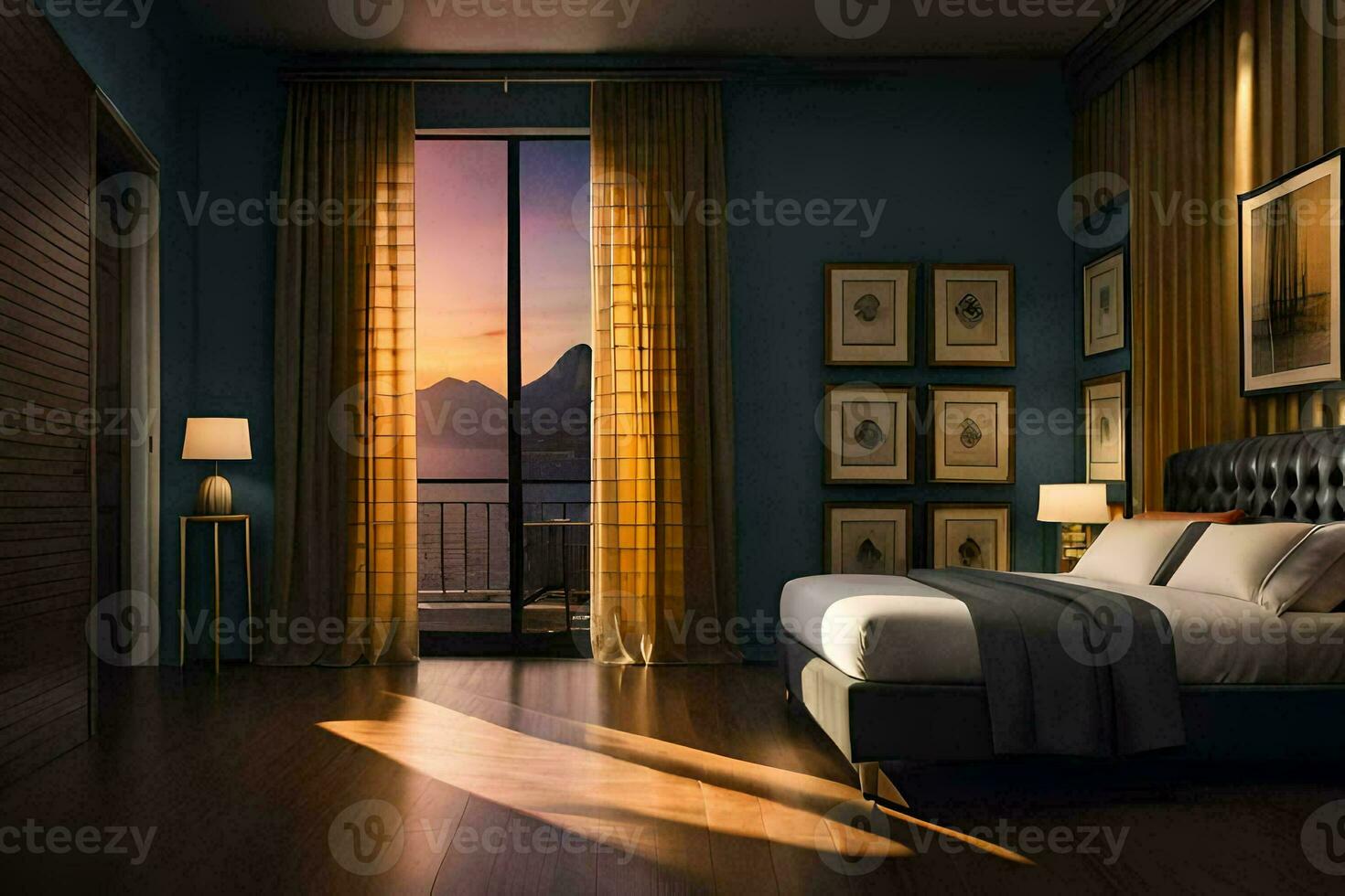 a bedroom with a view of the mountains at sunset. AI-Generated photo