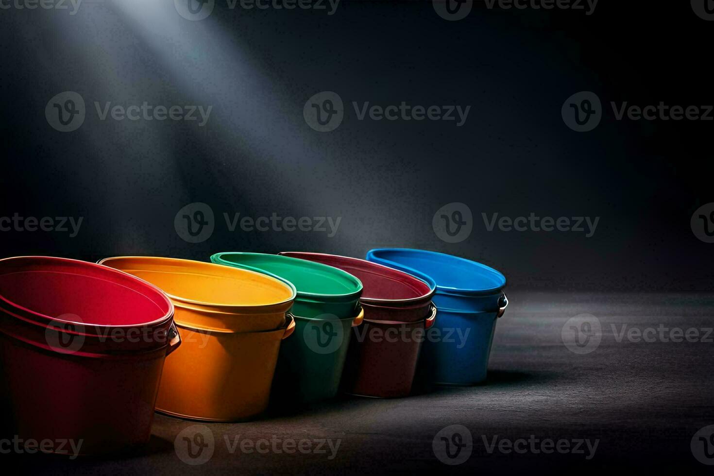 a row of colorful buckets in a dark room. AI-Generated photo