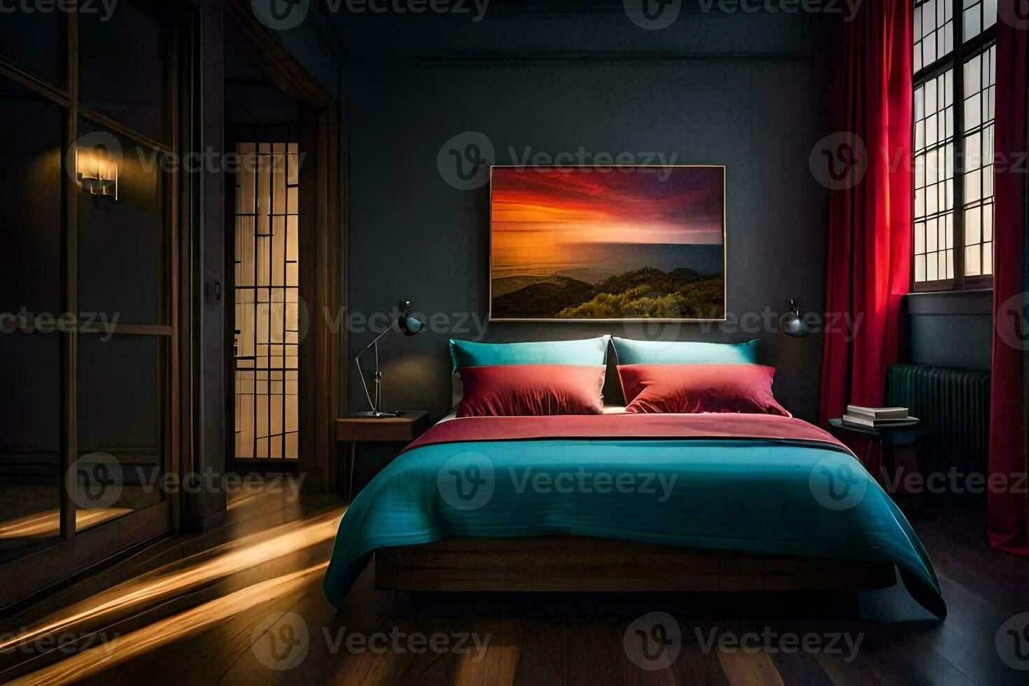un dormitorio con un grande cama y un pintura en el pared. generado por ai foto