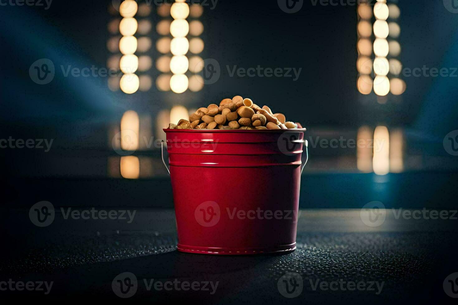 a red bucket filled with peanuts sitting on a table. AI-Generated photo