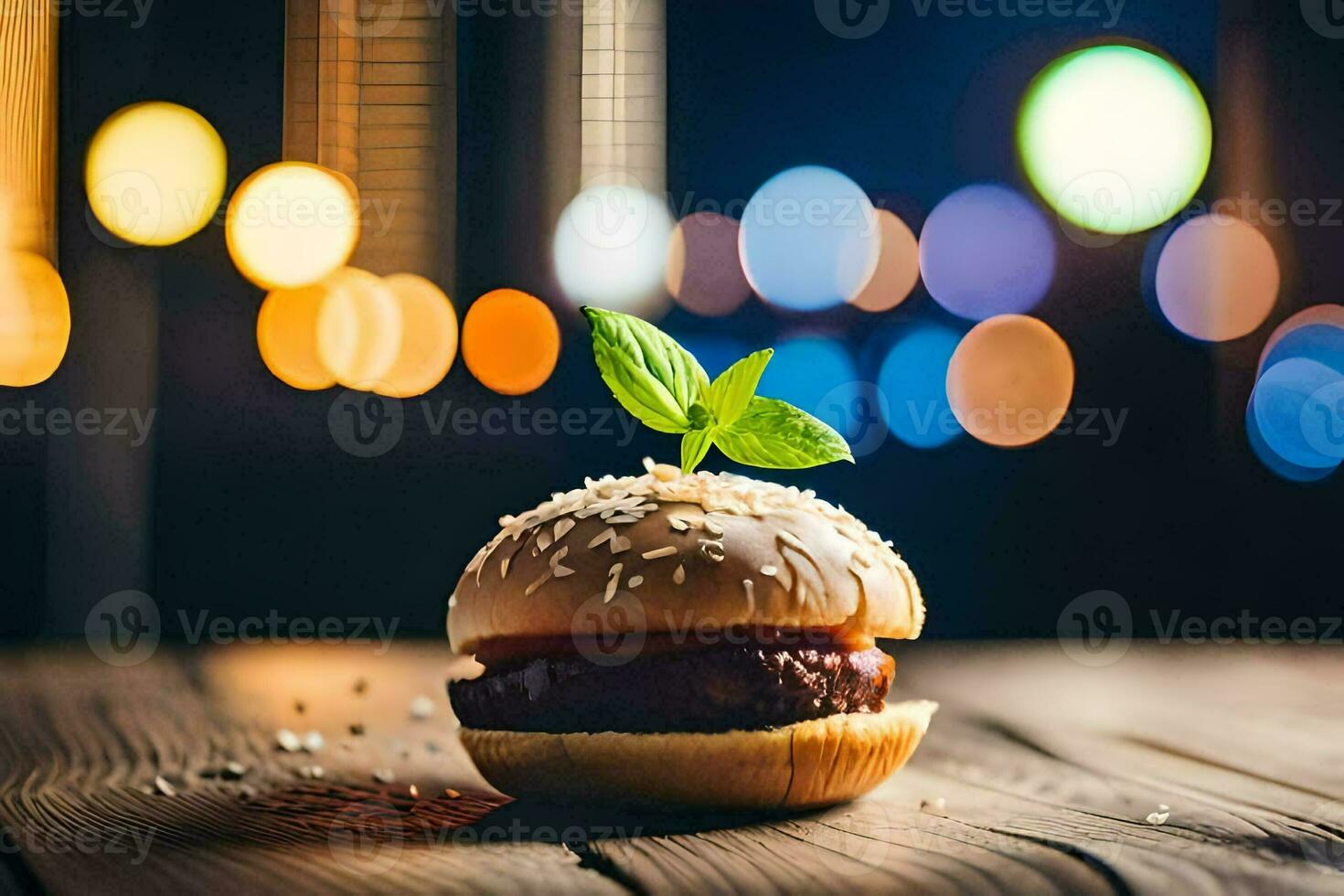 a hamburger on a wooden table with lights in the background. AI-Generated photo