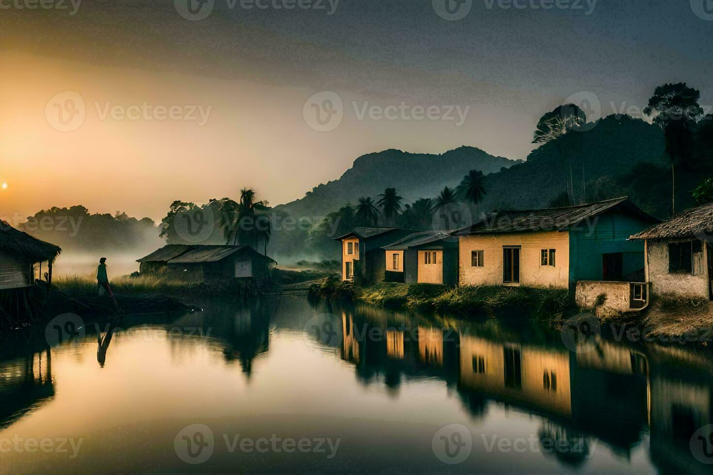 un río en el montañas con casas y arboles generado por ai foto