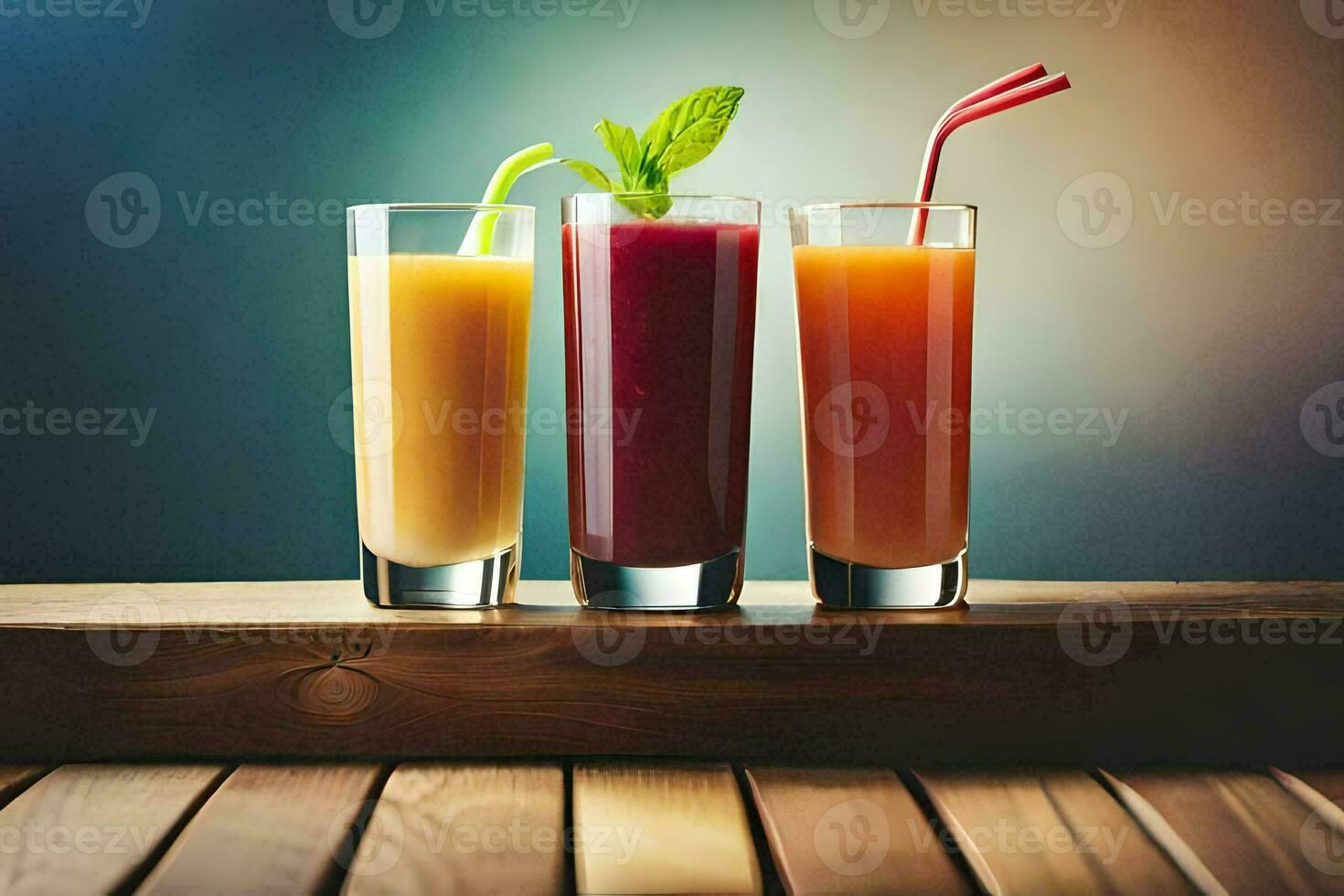 three different types of juices in glasses on a wooden table. AI-Generated photo