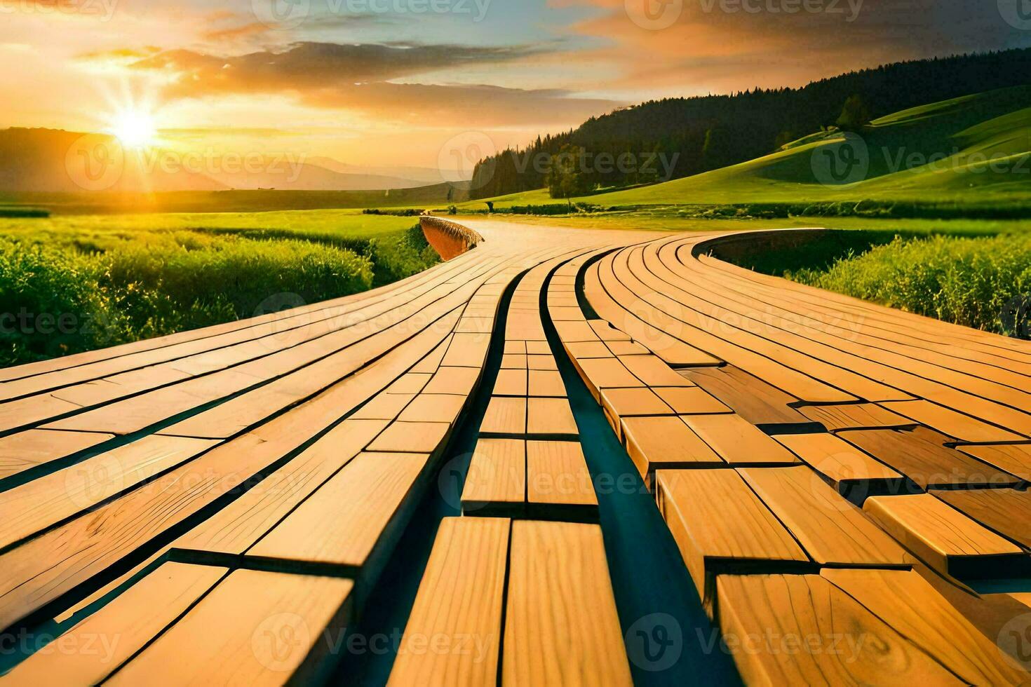 a wooden walkway in the middle of a field. AI-Generated photo