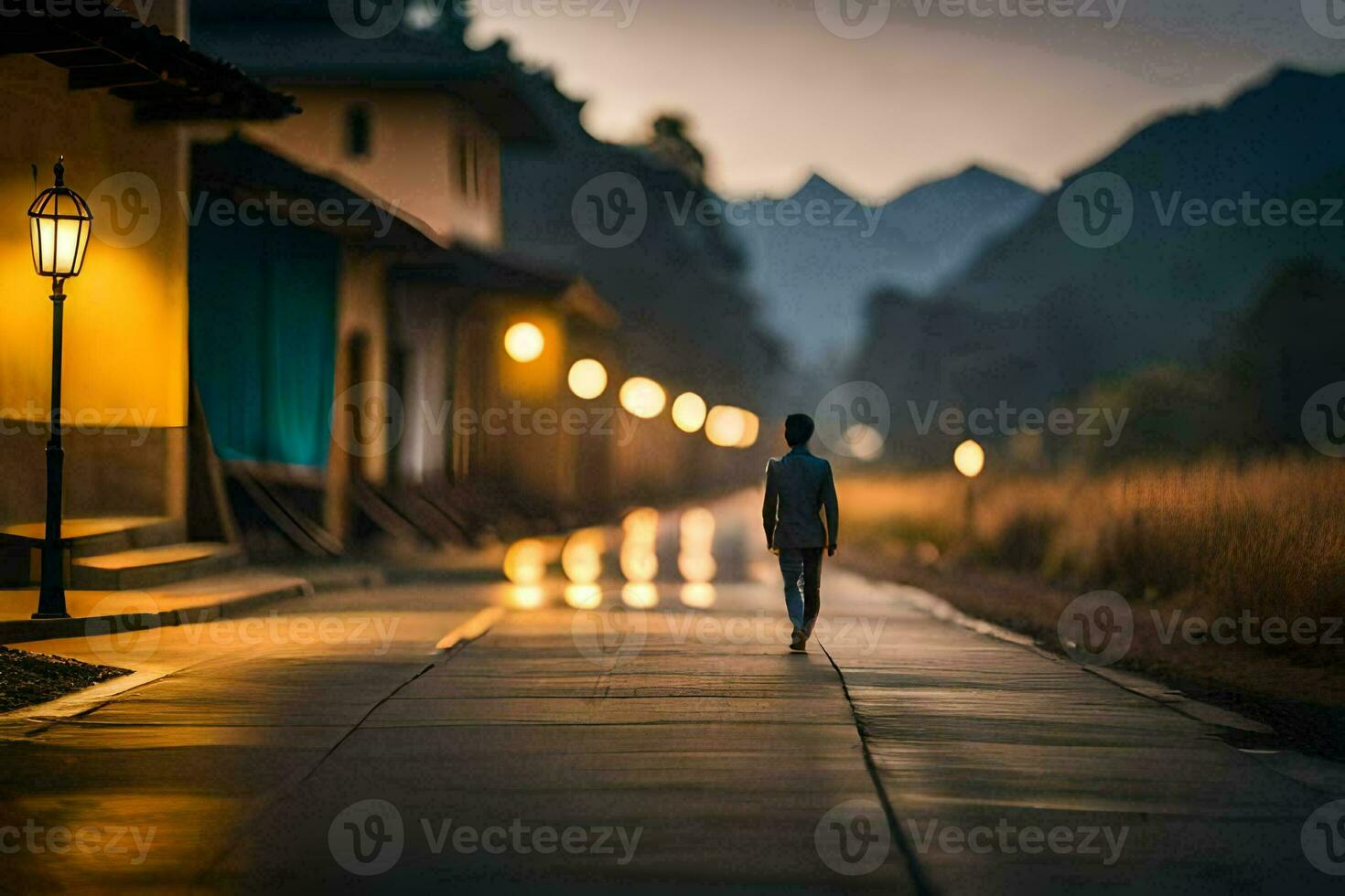 a man walking down a road at night. AI-Generated photo