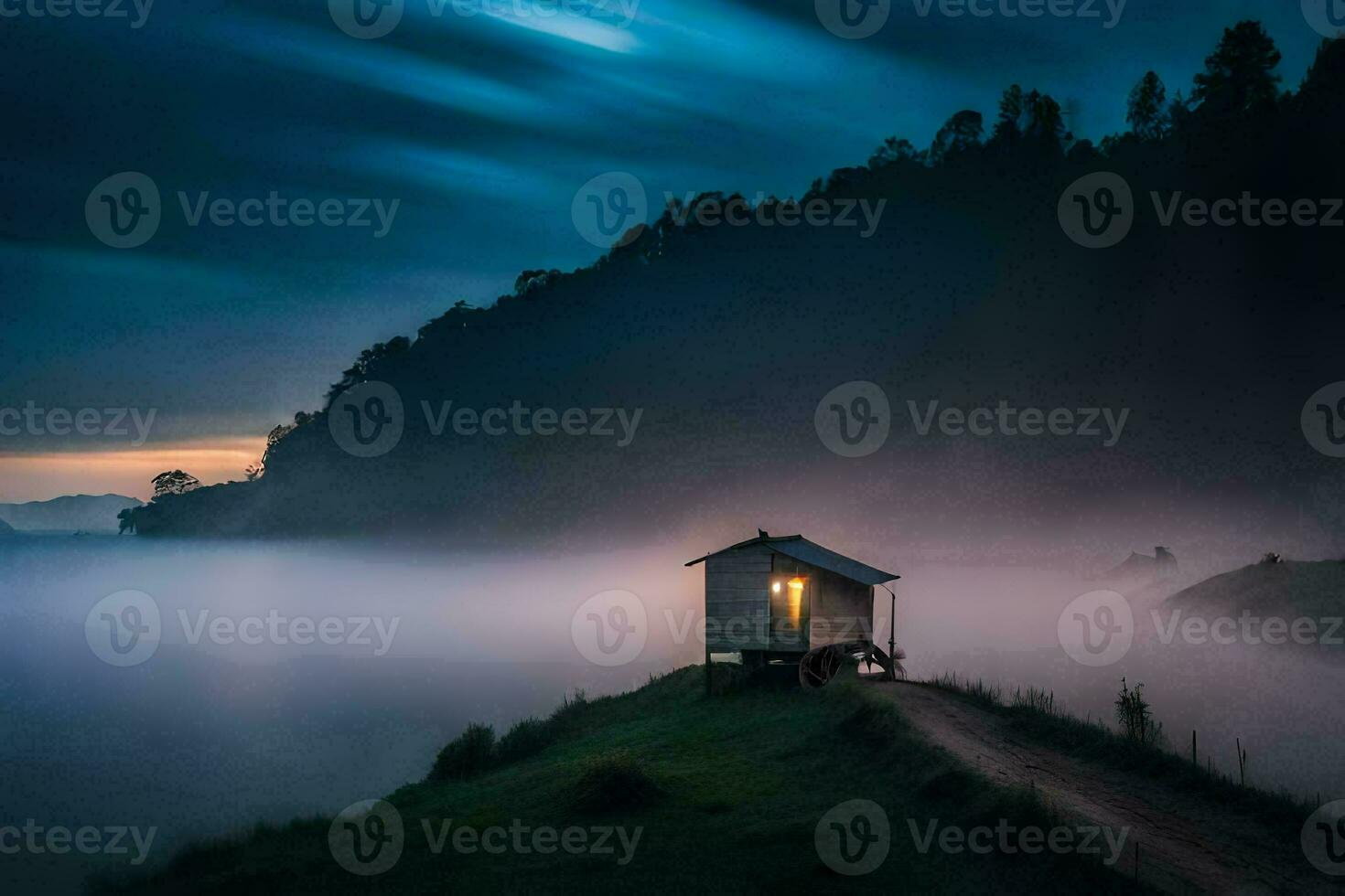 a small house sits on the edge of a cliff overlooking the water. AI-Generated photo