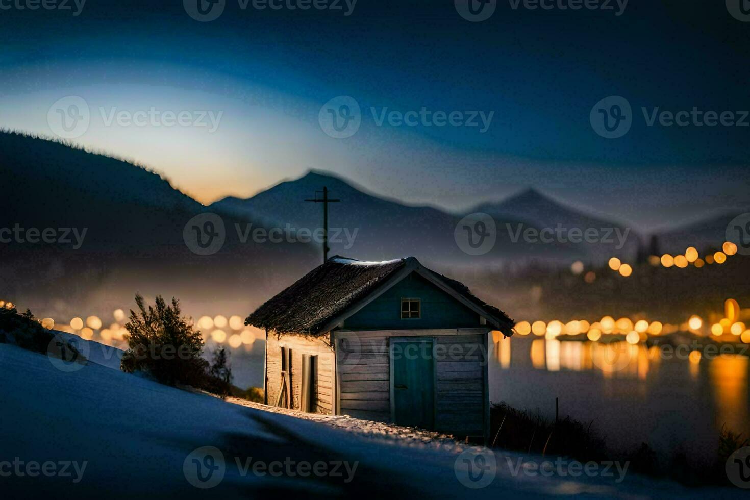 photo wallpaper the sky, mountains, lake, the house, the light, the lake, the. AI-Generated
